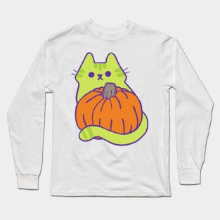 Green Kitty with Pumpkin Long Sleeve T-Shirt